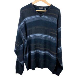 Cezani Mens Size Large Blue/Brown Striped Wool Blend V Neck Sweater
